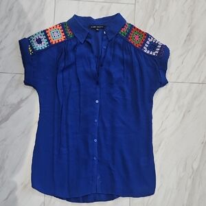 Elegant Blue Blouse with Colorful Shoulder Embroidery